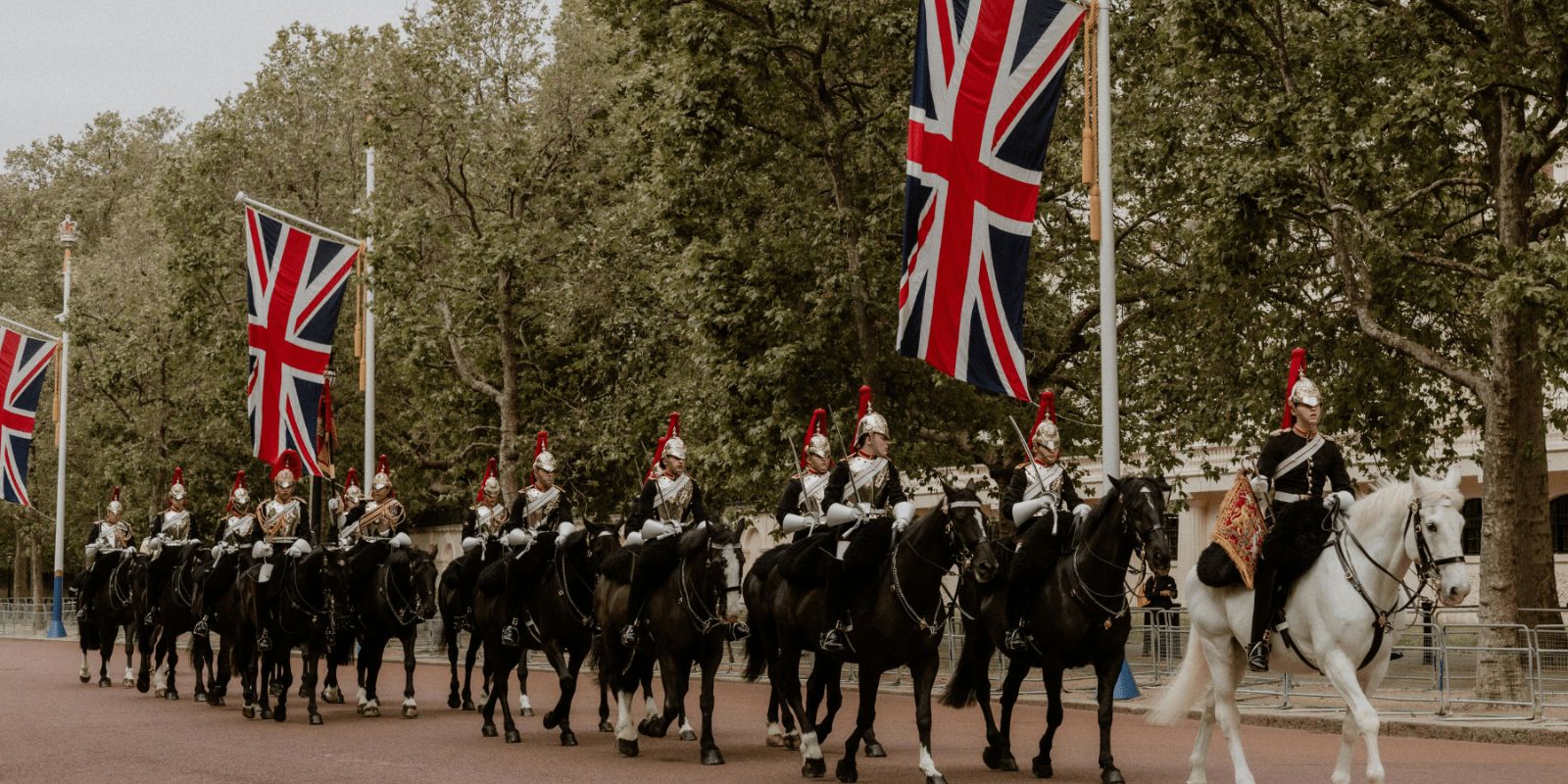 Household Cavalry ride along The Mall beneath Union Jack flags, on black horses with an officer on a white horse.