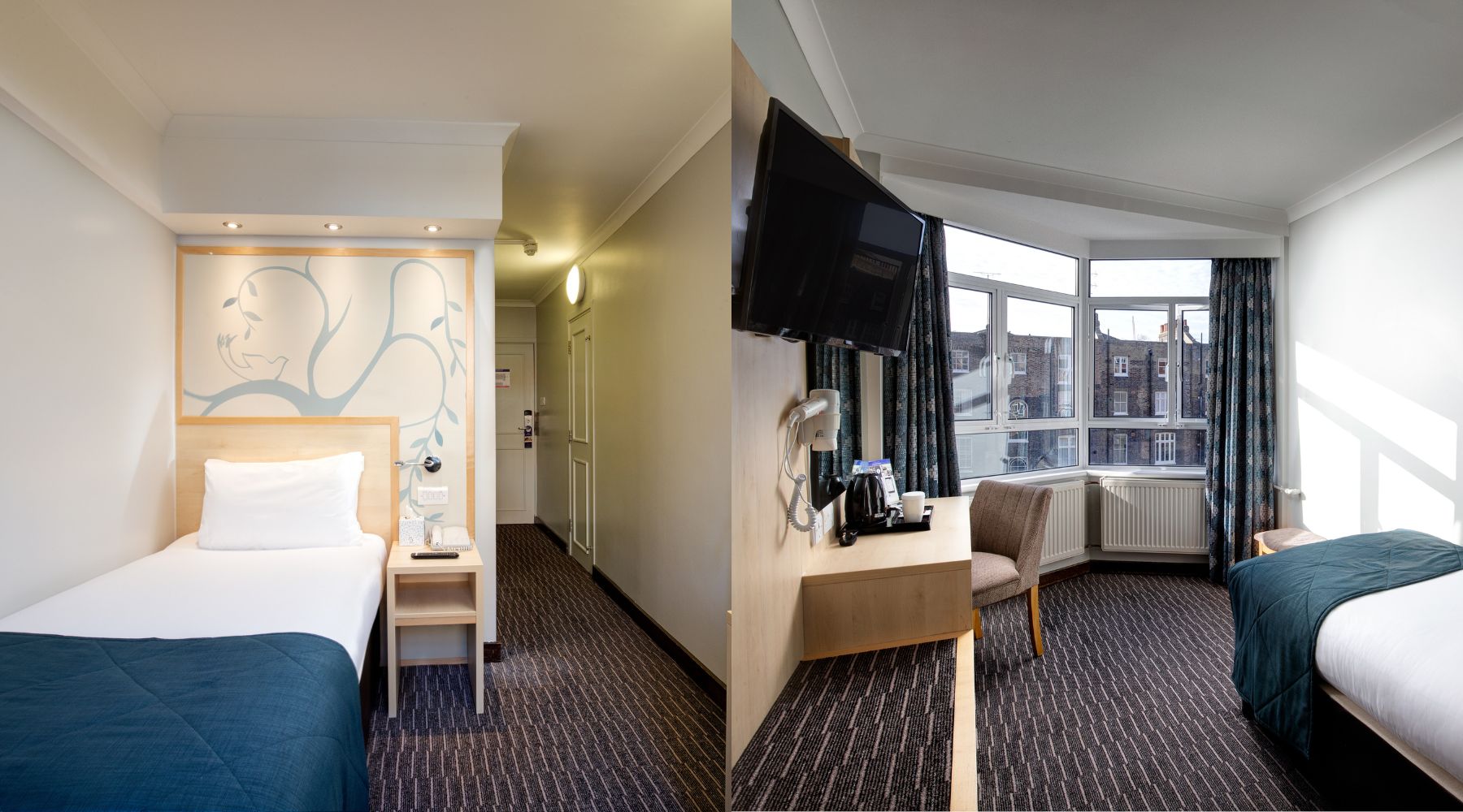 Single Room Collage images with single bed and beside table, tv and desk. 
