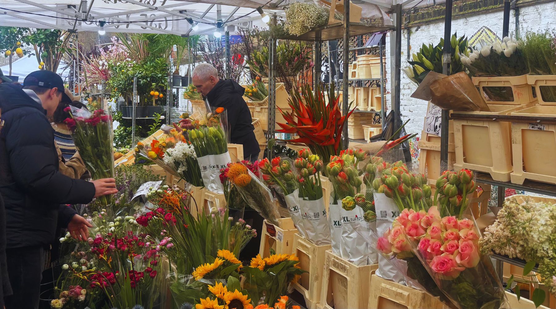 A man holding red flowers at a Flower stall in Columbia Road Market and the seller sorting through flowers.
